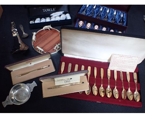 TWO BOXED CROSS GOLD-PLATED PENS, SILVER-PLATED ITEMSand sundries, including Towle chess piece items (most 'new' in packaging