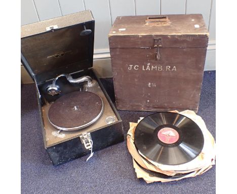 A COLUMBIA PORTABLE GRAMOPHONE, MODEL 211H(missing winding handle), and a box of 78rpm records