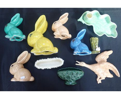 A COLLECTION OF SYLVAC RABBITSa leaf dish with attached holder, a flying duck, and other items (10)