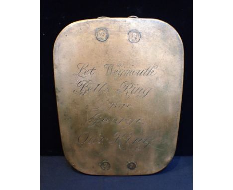 COPPER COMMEMORATIVE PANEL ENGRAVED 'LET WEYMOUTH BELLS RING FOR GEORGE OUR KINGand inset with four coins dated 1806 and 1807