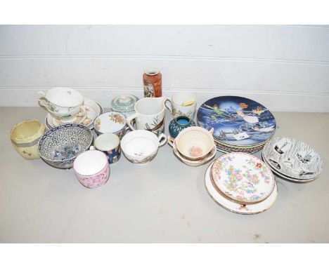 MIXED LOT VARIOUS 19TH CENTURY AND LATER CERAMICS TO INCLUDE COLLECTORS PLATES, RIDGWAY HOMEMAKER SAUCERS, VICTORIAN TEA WARE