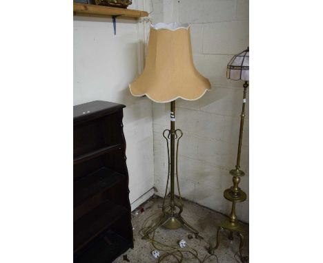BRASS ARTS AND CRAFTS STYLE STANDARD LAMP WITH FABRIC SHADE 