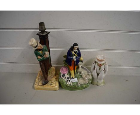 MIXED LOT COMPRISING A STAFFORDSHIRE MODEL OF A SHEPHERD, TOGETHER WITH A BRETBY FAGIN TABLE LAMP BASE AND A FURTHER VASE FOR