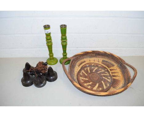 MIXED LOT COMPRISING A WOVEN BASKET AND PLACE MATS, BAKELITE LIGHT FITTINGS AND A PAIR OF TURNED CANDLESTICKS