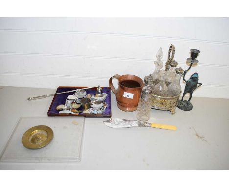 MIXED LOT OF SILVER PLATED CRUET STAND, SMALL COPPER JUG, VARIOUS MODERN CADDY SPOONS, FROG SHAPED CANDLESTICK AND OTHER ITEM