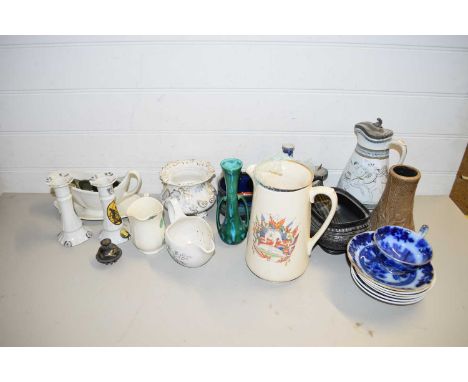 MIXED LOT VICTORIAN PEWTER LIDDED JUG, PAIR OF CANDLESTICKS, VICTORIAN SUGAR BASIN, VARIOUS OTHER CERAMICS AND A POLISHED STO