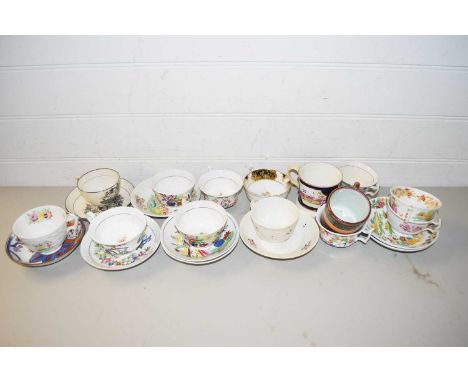 MIXED LOT VARIOUS 19TH CENTURY STAFFORDSHIRE CUPS AND SAUCERS PLUS OTHER LATER EXAMPLES