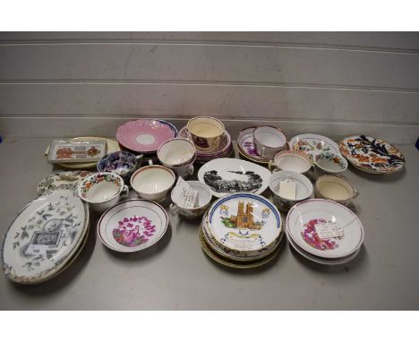 MIXED LOT VARIOUS CERAMICS, PRINCIPALLY VICTORIAN STAFFORDSHIRE TEA CUPS AND SAUCERS ETC