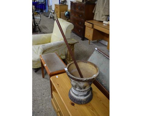 ANTIQUE POTTERY WATER FILTER BASE TOGETHER WITH A WALKING STICK WITH DOG SHAPED HANDLE