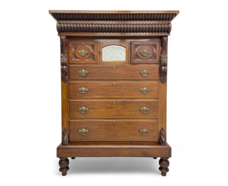 Late Victorian walnut Scotch chest, projecting cornice with turned quarter column mounts over matching half column to frieze,