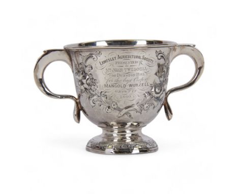 George I silver porringer, of typical form with flat capped twin curved handles,  the body with later presentation engraving 