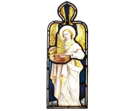 Late 19th/early 20th century leaded stained glass panel, depicting an angel or saint playing small organ in red upon yellow g