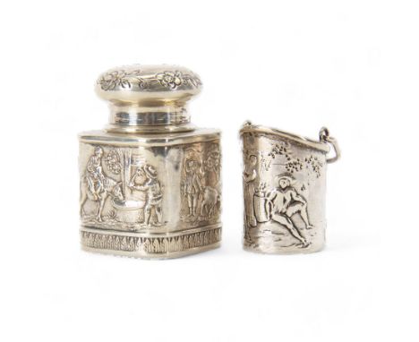 Late 19th century German Hanau silver miniature novelty scuttle, of cylindrical form with side handle and swing handle, the b