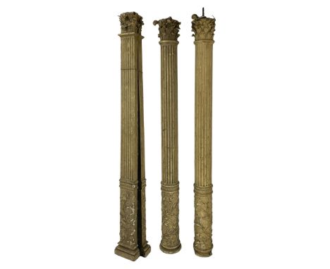 Three 19th century wood and gesso Composite order architectural architraves - curled acanthus leaf capitals over fluted shaft