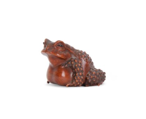 Japanese Edo Meiji period carved wooden netsuke, naturalistically modelled in the form of a seated toad with textured skin an