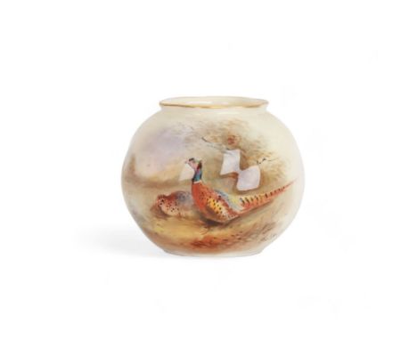 Early 20th century Royal Worcester vase decorated by James Stinton, of wrythen moulded spherical form, painted with a brace o