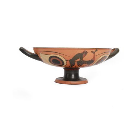 Greek Attic Black-figured eye cup, of typical form with twin handles, the exterior painted with erotic figures flanked by apo