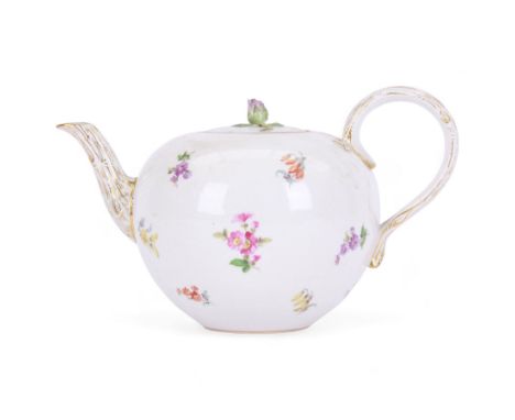 Early 20th century Meissen teapot, of spherical form with crabstock modelled spout and handle heightened in gilt, the body an