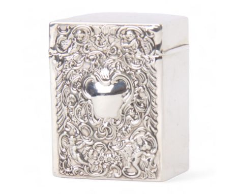 Late Victorian silver playing card box, of rectangular form with hinged top, the front and back embossed with vacant cartouch