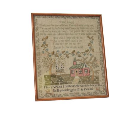 George IV sampler by Mary Wood aged nine, depicting verse titled The Rose, 'O lovely rose thou queen of flo'wrs Emblem of vir