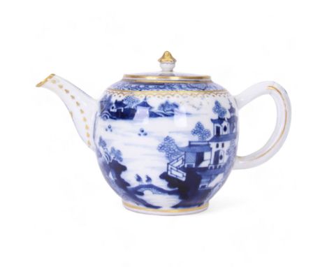 Early 19th century Chinese export blue and white teapot, decorated with a landscape set with pagodas, bridges and islands, wi