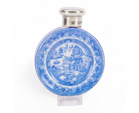 Victorian silver topped porcelain scent bottle, the porcelain body of circular form printed in blue with variant of the Willo