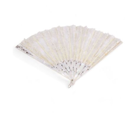Late 19th/early 20th century lace fan, with mother of pearl sticks and guards with foliate silver decoration, the lace, possi