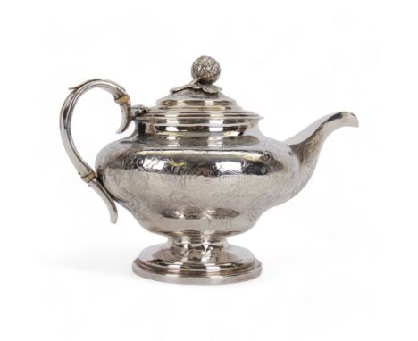 Victorian silver teapot, the body of bulbous form engraved with named cartouche and surrounded by flower heads and foliate sc