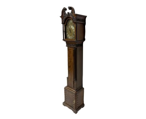 20th century - Chippendale design mahogany 8-day Grandmother clock with a profusely carved and decorated swan's' neck pedimen