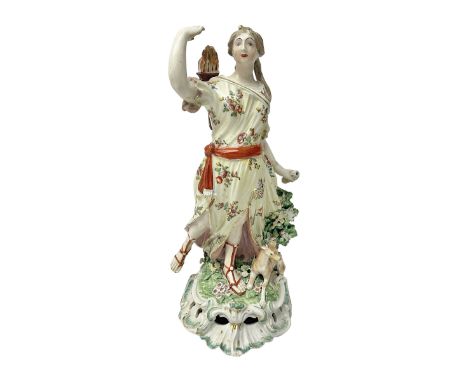 18th century Derby figure of Diana the huntress, circa 1760, modelled reaching for an arrow from quiver across her back, with