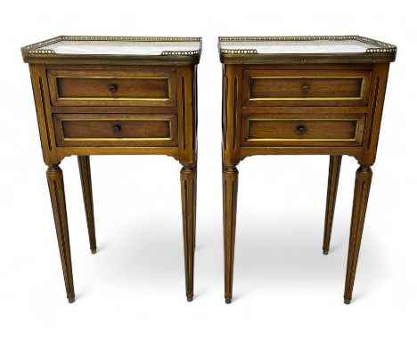 Pair of French design mahogany and marble bedside lamp tables, rectangular white marble top with raised brass gallery, fitted