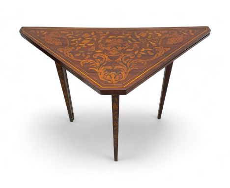 19th century mahogany and Dutch marquetry envelope card table, triangular fold-over top inlaid with trailing leafy branches, 