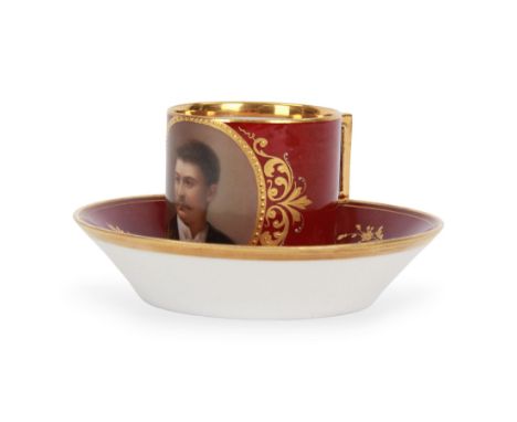 Late 19th century Vienna style coffee can and saucer, the cup with oval panel containing hand painted portrait of a gentleman
