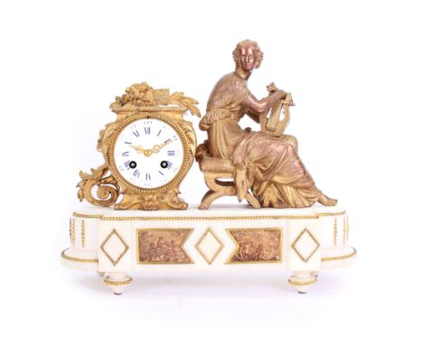French - late 19th century 8-day figural mantle clock c 1880, with a breakfront alabaster plinth raised on four conforming fe