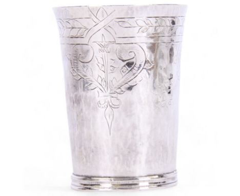 Commonwealth silver cup, of cylindrical form engraved with foliate band and motifs beneath slightly tapering rim, and stipple