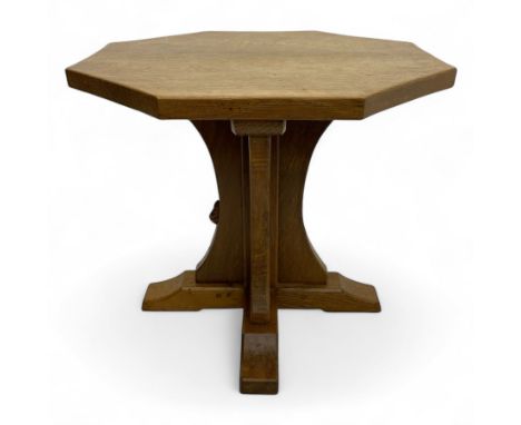 Mouseman - occasional table, adzed octagonal top, cruciform base on sledge feet, carved with mouse signature, by the workshop