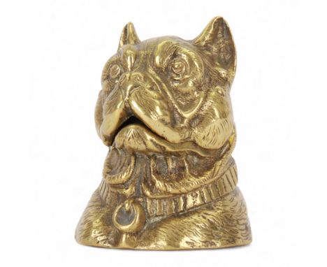 19th century gilt brass novelty inkwell, modelled as a Bulldog, with hinged jaw opening to reveal a ceramic glass liner, and 