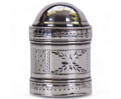 George III silver nutmeg grater, of cylindrical form with pull off cap and base, engraved with a foliate band, hallmarked Sam