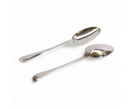 Two early/mid 18th century American silver Hanovarian pattern tablespoons with rat tail bowls, the first example marked for J