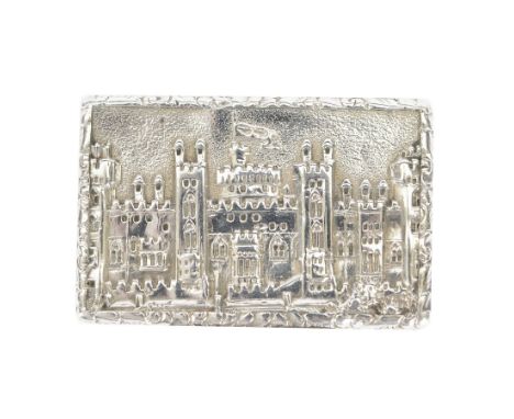 Victorian silver castle-top vinaigrette, of rectangular form, the hinged cover relief embossed with Windsor Castle, opening t