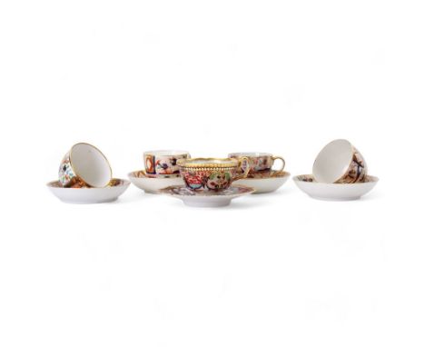 Five 19th century Imari palette tea cups and saucers, comprising Chamberlain Worcester example decorated in the 240 Japan or 