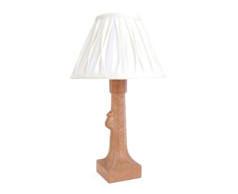 'Mouseman' tooled oak table lamp, tapered octagonal stem terminating to leaf carved square base, carved mouse signature, with
