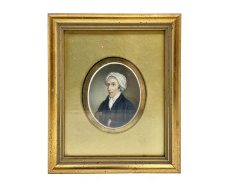 English School (18th century)Portrait miniature upon ceramic plaque Head and shoulder portrait of a gentleman in blue coat an