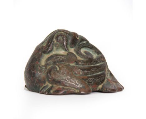Chinese silver inlaid bronze weight, probably Western Han Dynasty, modelled as a recumbent bird, its head turned and resting 