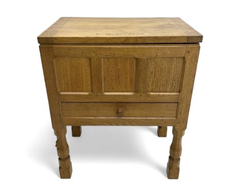 Mouseman - oak work or sewing box, rectangular adzed top inscribed 'L. M. C. 1976' enclosing vacant interior, triple panelled