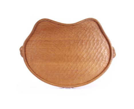 Mouseman - tooled oak twin handled tray, kidney-shaped form with raised lip edge, two carved mouse signatures forming the han