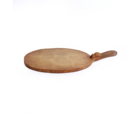 Mouseman - adzed oak cheeseboard, oval form with projecting handle carved with mouse signature, by the workshop of Robert Tho