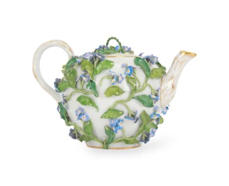 Late 19th century Meissen teapot, of ovoid form with gilt detailed 'crabstock' effect handle and spout, the body encrusted wi