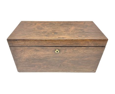 19th century rosewood tea caddy, of plain rectangular form, the hinged cover opening to reveal a compartmented interior with 