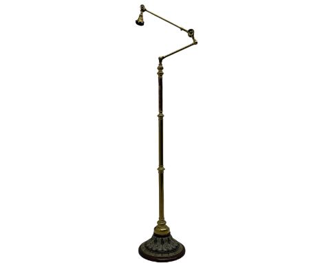 Early 20th century brass adjustable floor lamp, Royal Doulton decorative ceramic base embellished with raised floral and scro